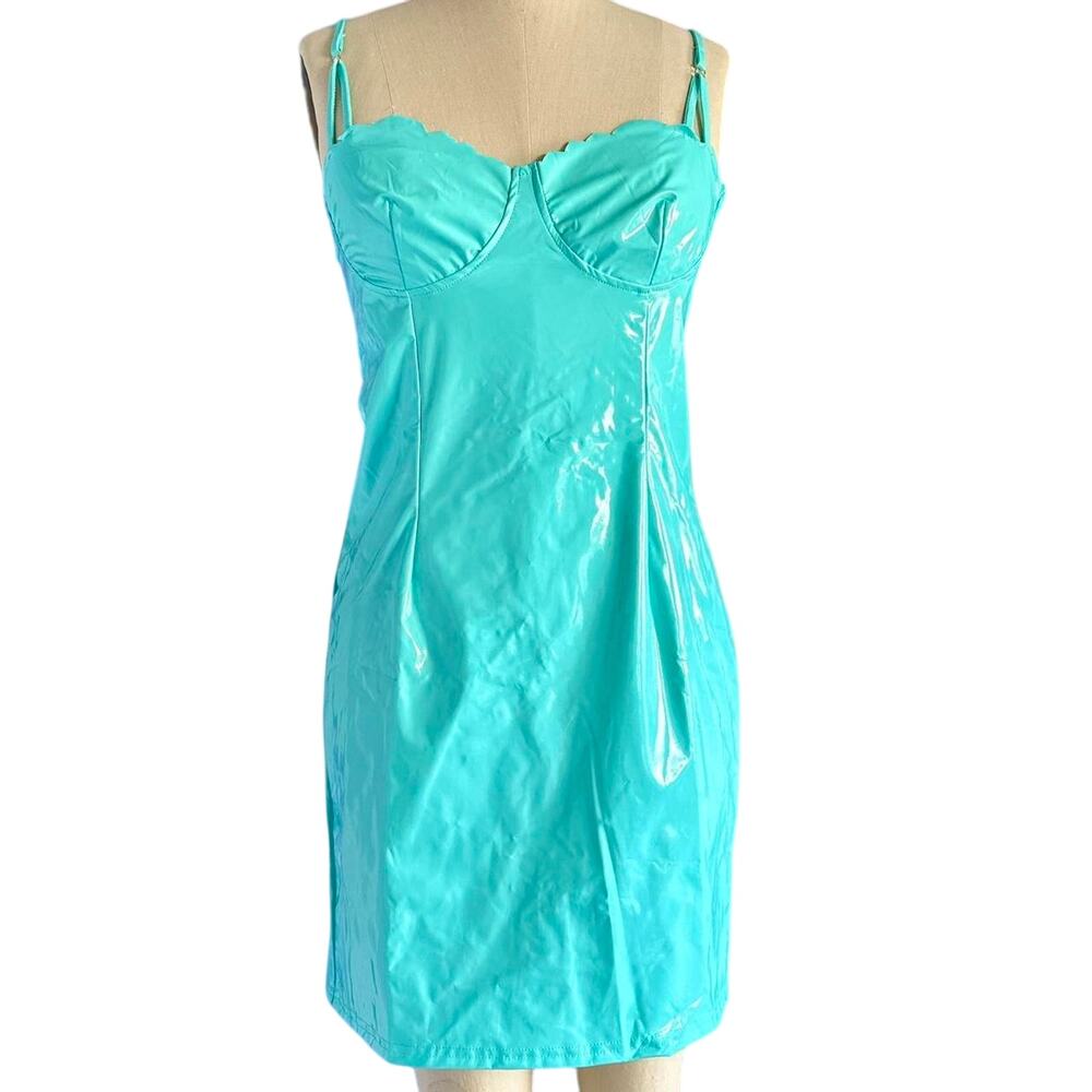 Teal Sky Blue Pleather Festival Space Costume Dress - Size Not Specified